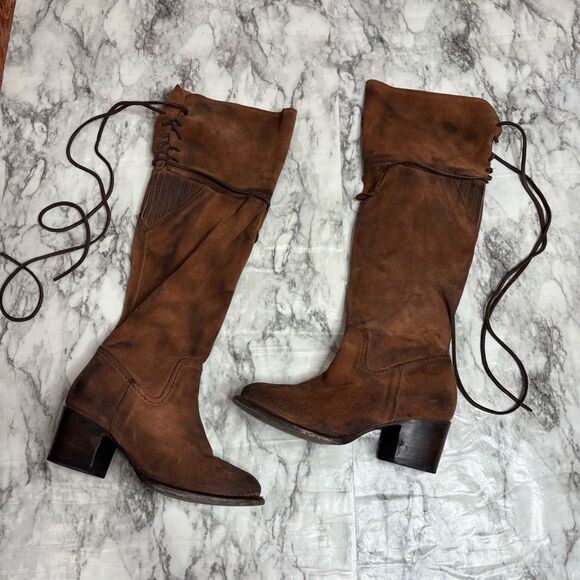 Freebird BLAIN over the knee boots block heel leather brown western size 9 boho - Picture 2 of 8